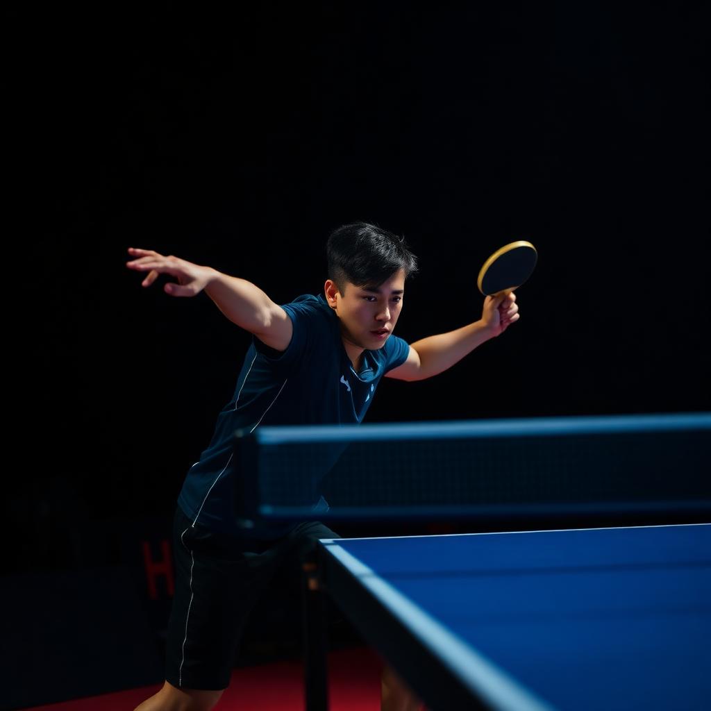 Table tennis player mid-swing